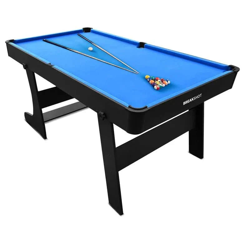 ActiveGo BreakShot Fold Up High-speed blue velvet cloth Pool and Billiards Table, Comes with 8/9 Ball Set, Triangle, 2 Wooden Pool Cues, Surface Brush and 2 Tip Chalks