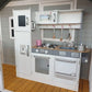 Indoor Large White Wooden Kitchen with Fridge